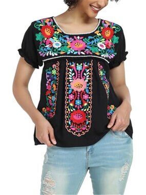 Women Embroidered Mexican Peasant Blouse Cotton Short Sleeve Floral Boho Top